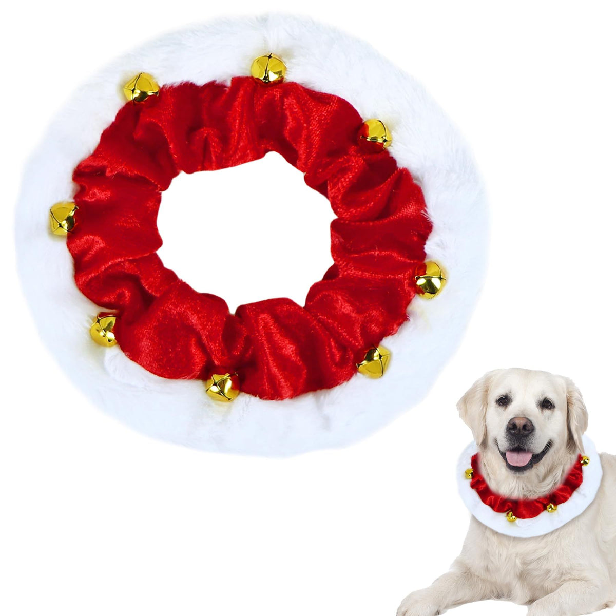Dog Outfit, Christmas Dog Collar with Bells Ornaments Holiday Neckwear Costume Clothes for Small Medium Large Dogs Pets (Red, L)