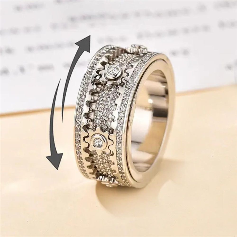 Spinner Ring for Men - Copper inlaid gear rotating ring - Rotating Mechanical Ring for Couples - Silver（9）