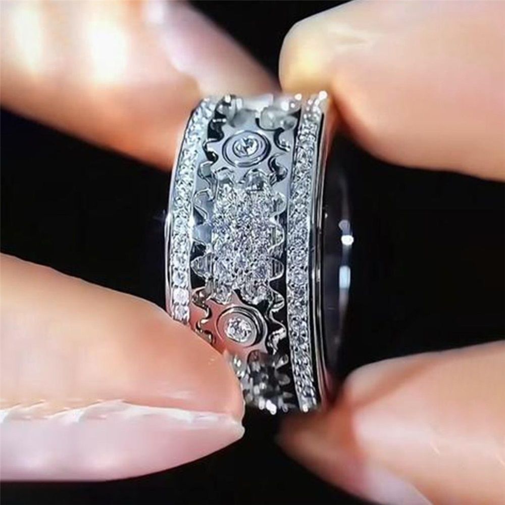 Spinner Ring for Men - Copper inlaid gear rotating ring - Rotating Mechanical Ring for Couples - Silver（9）