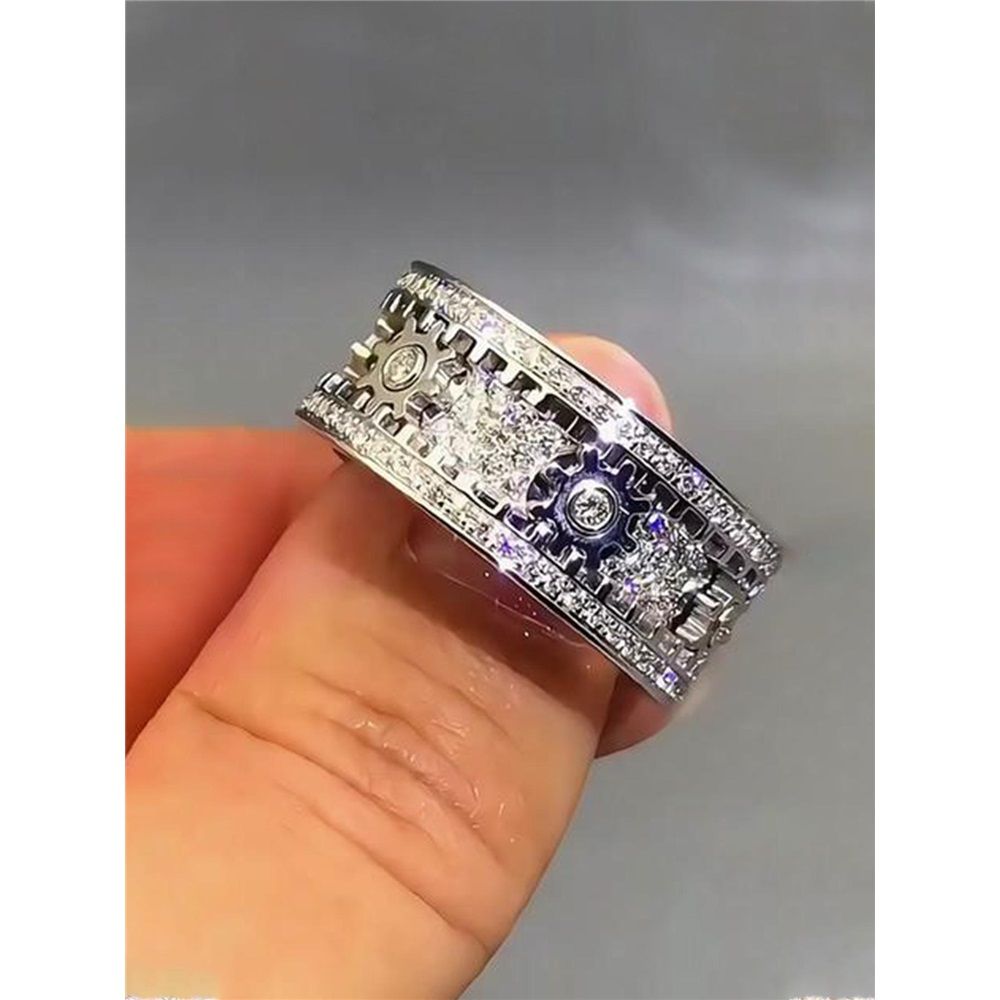 Spinner Ring for Men - Copper inlaid gear rotating ring - Rotating Mechanical Ring for Couples - Silver（9）