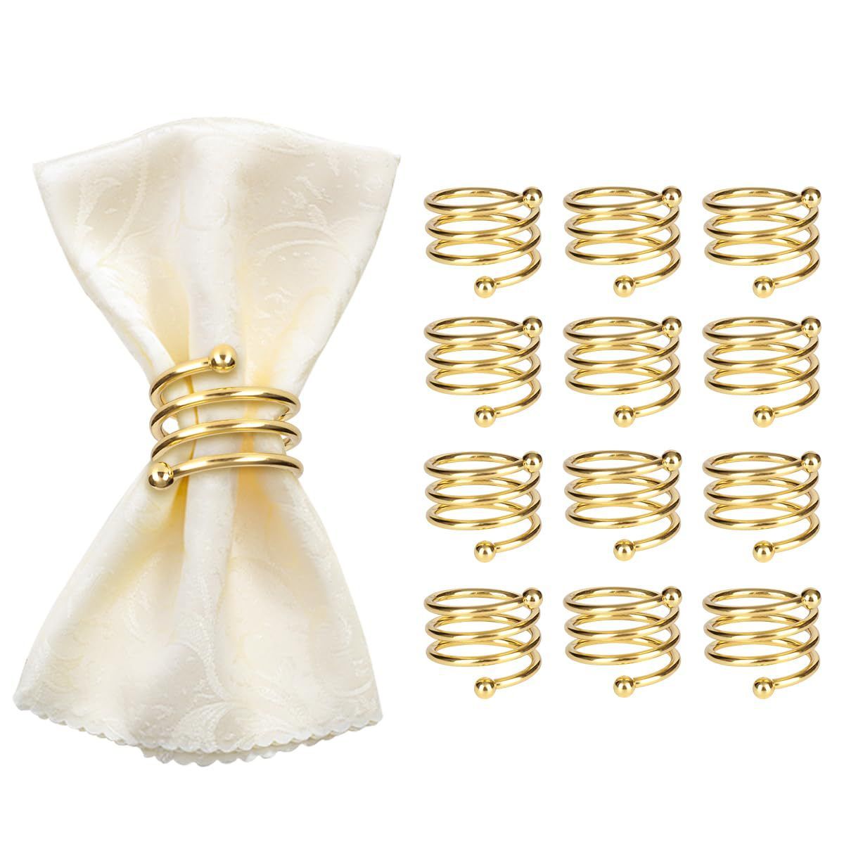 Satin Cloth Napkins and Napkin Rings Set of 12, Smooth Fabric Table Napkins and Napkin Holder for Wedding, Birthday Dinner Party, Family Gatherings, Table Decor (gold)