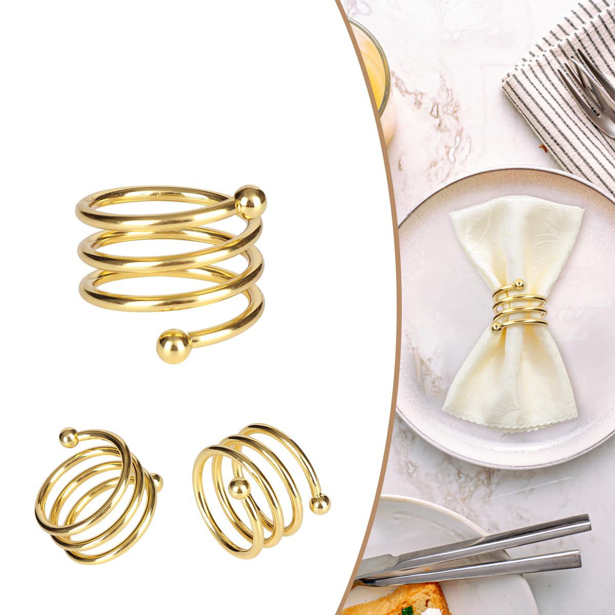 Satin Cloth Napkins and Napkin Rings Set of 12, Smooth Fabric Table Napkins and Napkin Holder for Wedding, Birthday Dinner Party, Family Gatherings, Table Decor (gold)