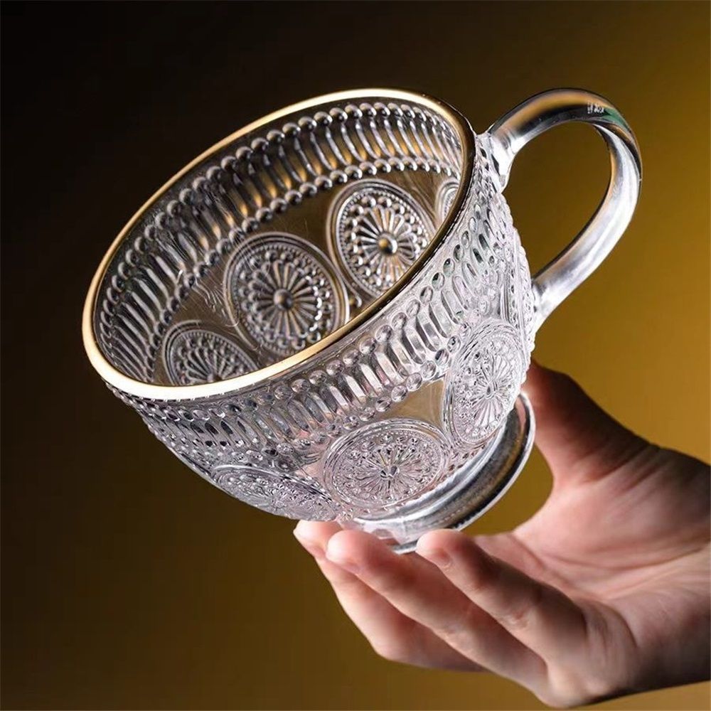 Set of 2 Vintage Glass Coffee Mug, 400ml Embossed Tea Cup Vintage Glassware for Breakfast, Ideal for Milk, Coffee, Cappuccino, Latte, Cereal, Yogurt