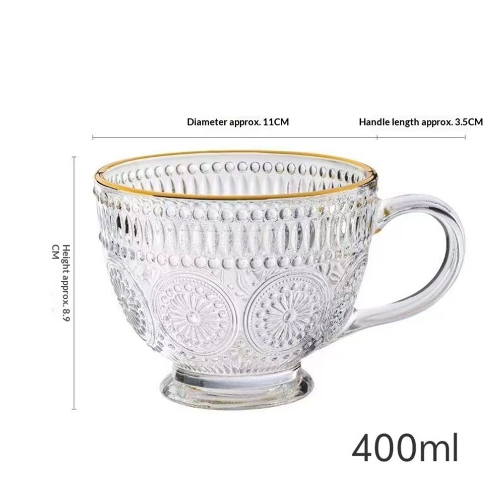 Set of 2 Vintage Glass Coffee Mug, 400ml Embossed Tea Cup Vintage Glassware for Breakfast, Ideal for Milk, Coffee, Cappuccino, Latte, Cereal, Yogurt
