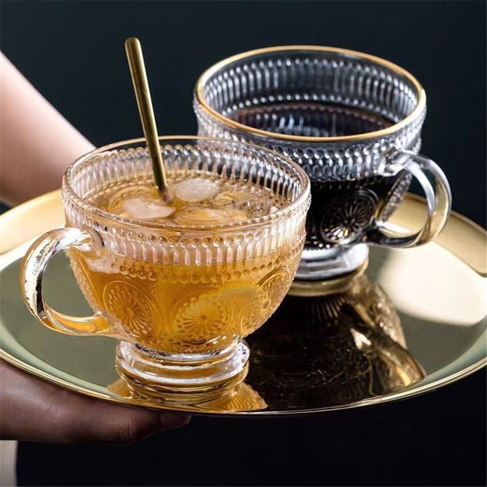 Set of 2 Vintage Glass Coffee Mug, 400ml Embossed Tea Cup Vintage Glassware for Breakfast, Ideal for Milk, Coffee, Cappuccino, Latte, Cereal, Yogurt