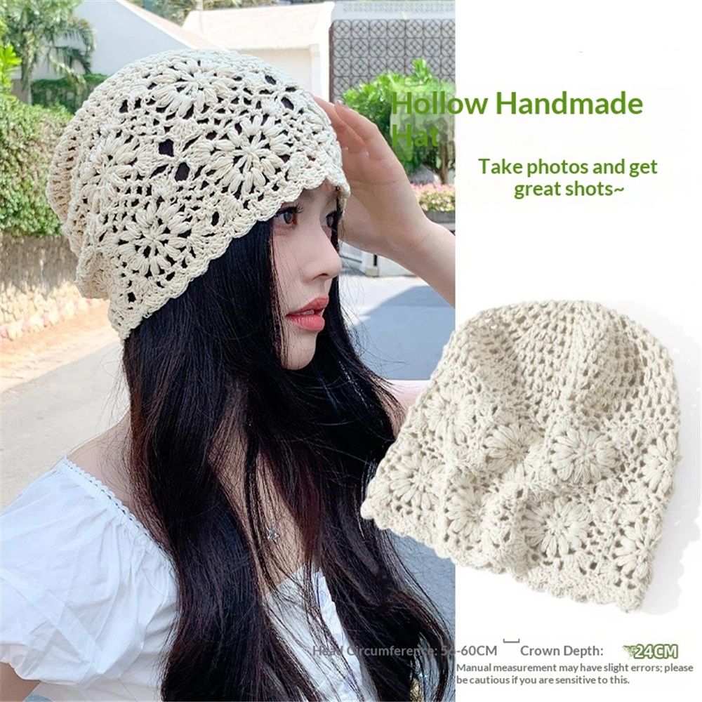 Women Cotton Crochet Slouchy Beanie Hat Handmade Knit Cap, Crochet Travel Photography Knitted Hat Beige