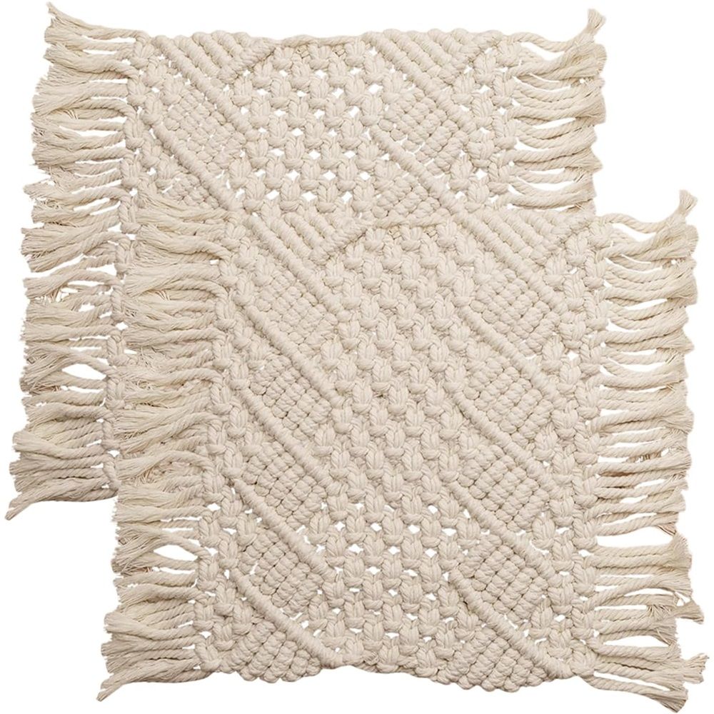 2 pack Handmade Cotton Woven Crochet Placemat with Tassels, 10 x12 Inches Small Place Mat for Bohemian Wedding Décor, Boho Table Mat for Farmhouse, Rustic Décor for Dining Table, Beige