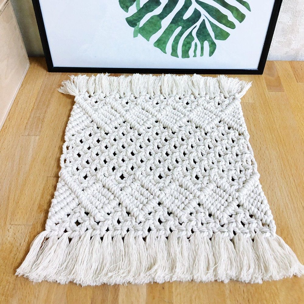 2 pack Handmade Cotton Woven Crochet Placemat with Tassels, 10 x12 Inches Small Place Mat for Bohemian Wedding Décor, Boho Table Mat for Farmhouse, Rustic Décor for Dining Table, Beige