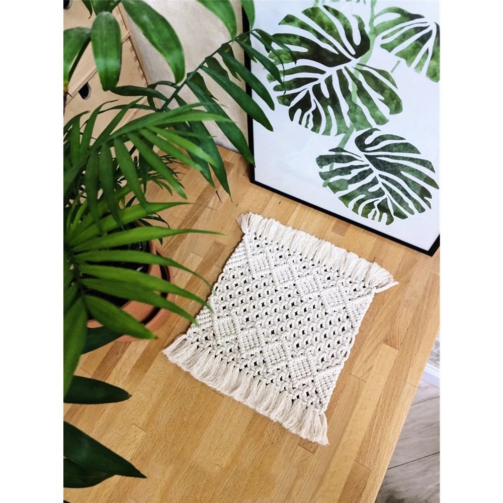 2 pack Handmade Cotton Woven Crochet Placemat with Tassels, 10 x12 Inches Small Place Mat for Bohemian Wedding Décor, Boho Table Mat for Farmhouse, Rustic Décor for Dining Table, Beige