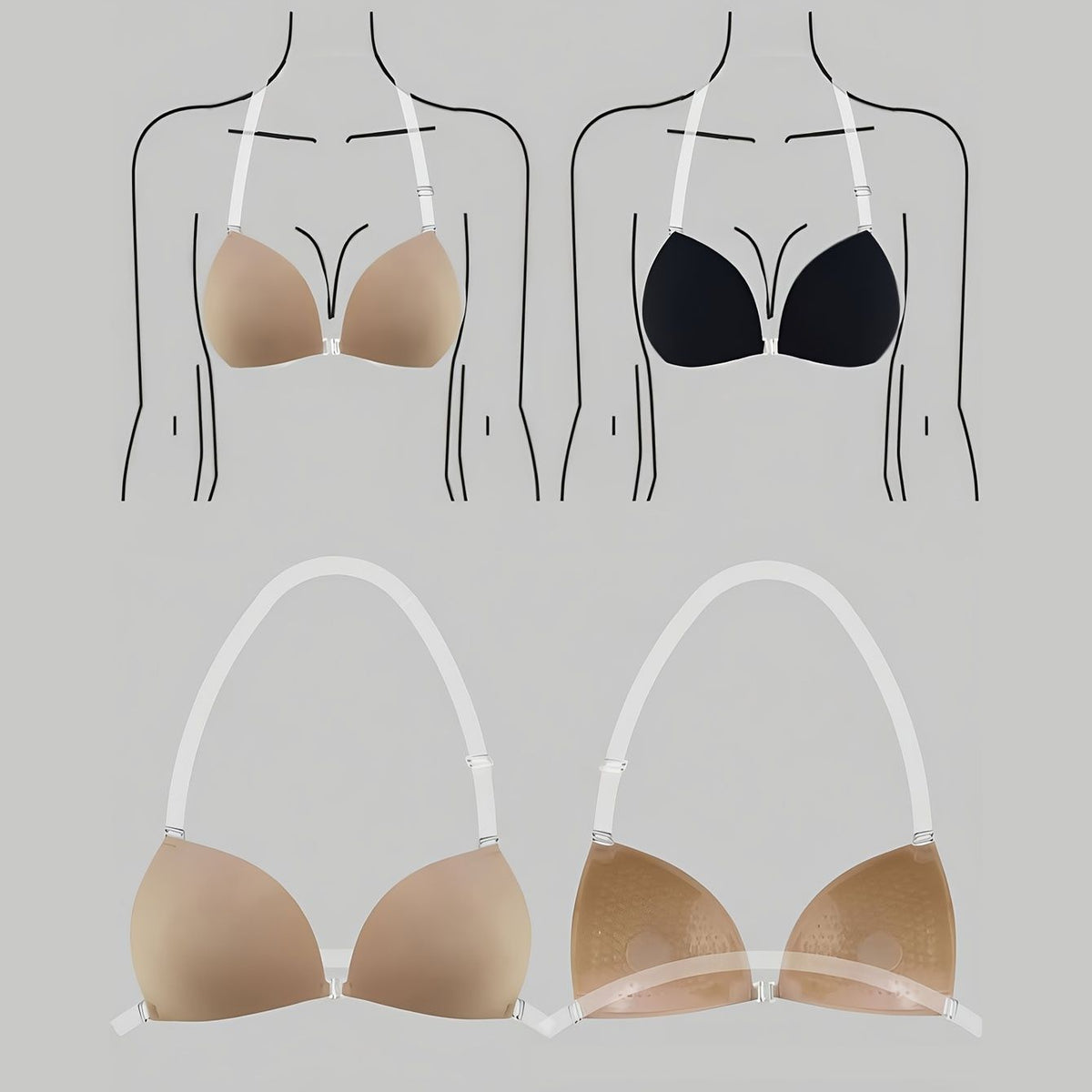 1pc Triangle Cup Self-Adhesive Push-Up Bra, Deep V-Neck Front Closure with Silicone Pads for Bikinis & Strapless Gowns D Apricot