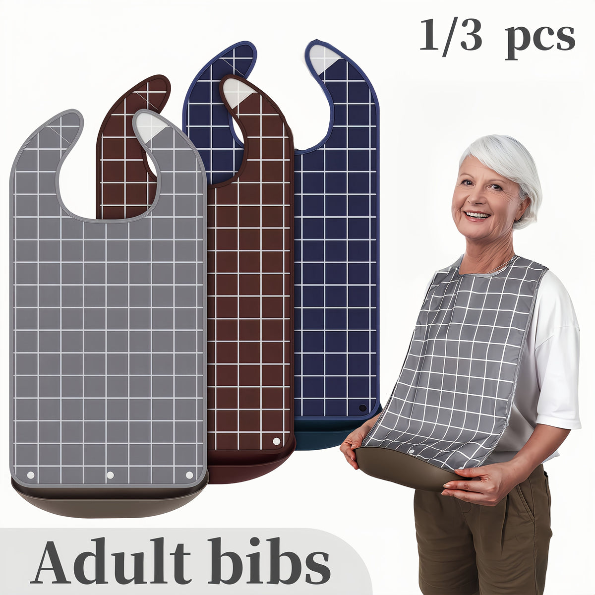 Adult Bibs for Eating Clothing Protector with Detachable Crumb Catcher Adult Bibs for Women and Men Gray-white Stripes 1pc
