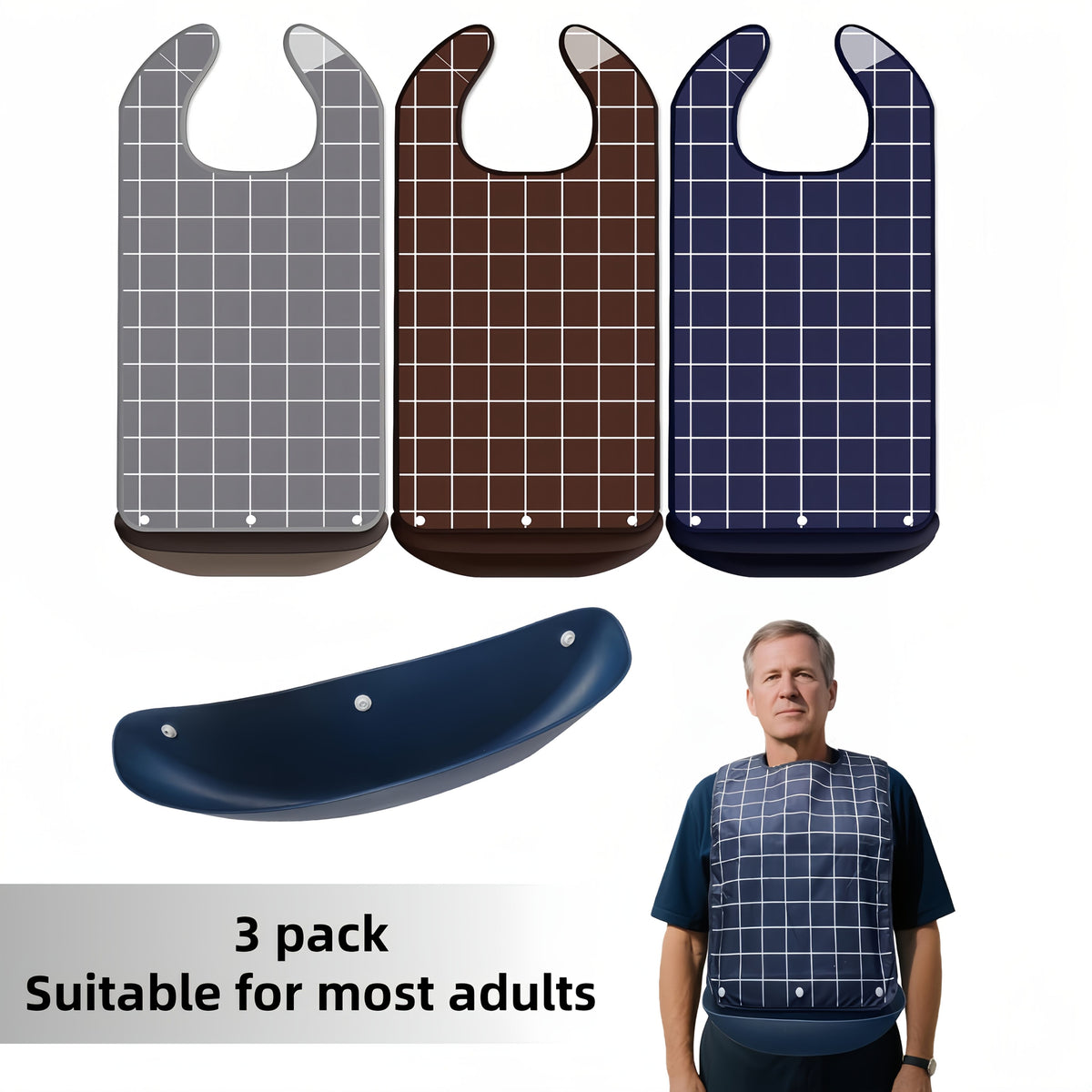 Adult Bibs for Eating Clothing Protector with Detachable Crumb Catcher Adult Bibs for Women and Men Gray-white Stripes 1pc