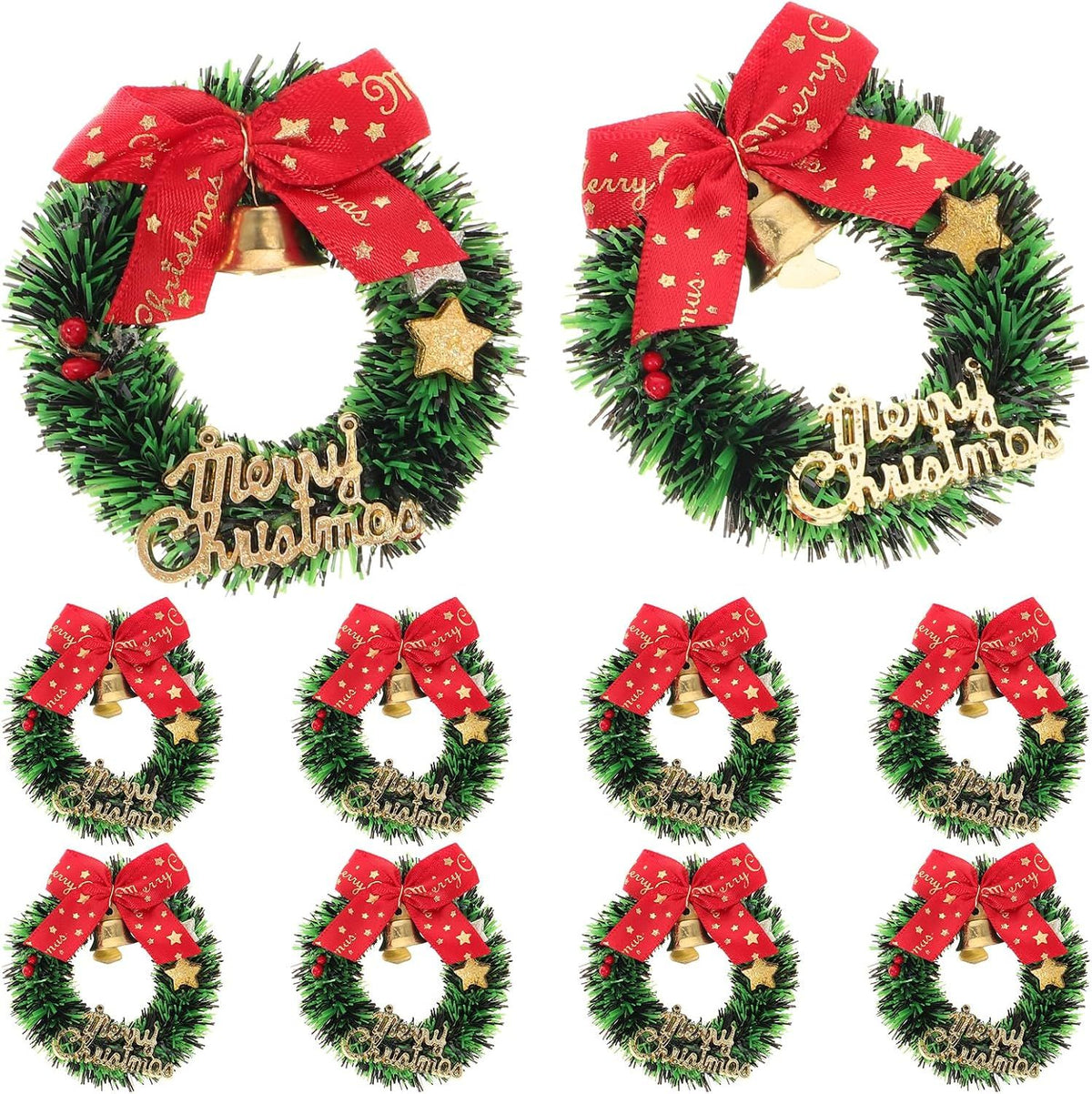 10pcs Mini Christmas Wreath Ornaments, 2. 55 Inch, Plastic and Cloth, Xmas Tree Hanging Decorations, Gift Box Decor, Holiday Party Décor