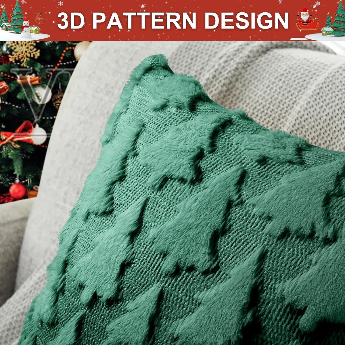 Christmas Pillow Covers 18x18 inch, Set of 2 Christmas Tree Decoration Soft Plush Faux Fur Throw Pillows Covers for Winter Holiday Festivals Bedroom Sofa Home Decor (Green)