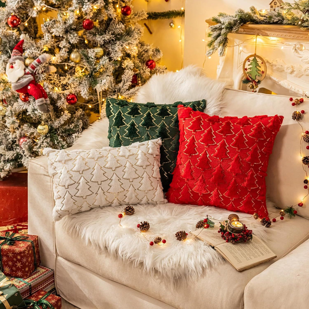 Christmas Tree Green Throw Pillow Covers 18x18, Soft Faux Fur Sequins Throw Pillows for Couch Sofa Bed Room Cushion Covers Holiday Decorations