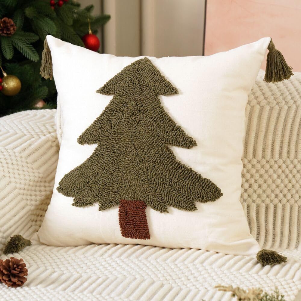 Christmas Pillow Covers 18x18 Farmhouse Christmas Tree Pillow Covers Tassels Hand Woven Couch Cushion Case for Sofa Bed Room Home Christmas Decor