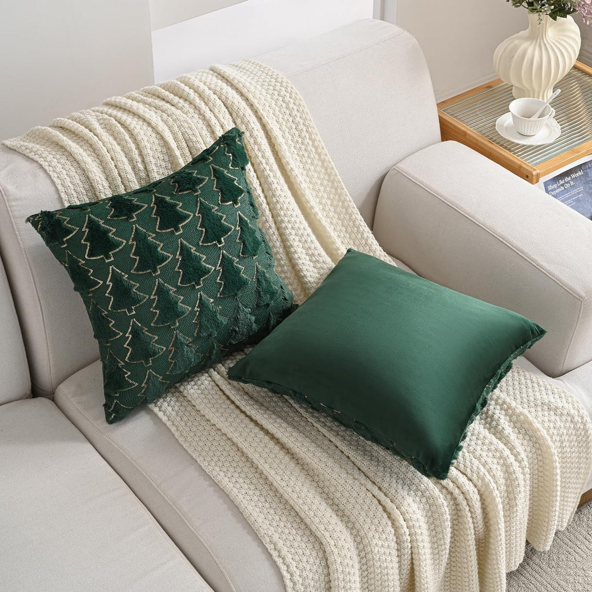 Dark Green Christmas Tree Decorative Throw Pillow Covers 18x18 Inch Set of 2, Soft Plush Faux Fur with Sparkling Sequin Design, Luxury Throw Pillowcases for Couch Holiday Festivals