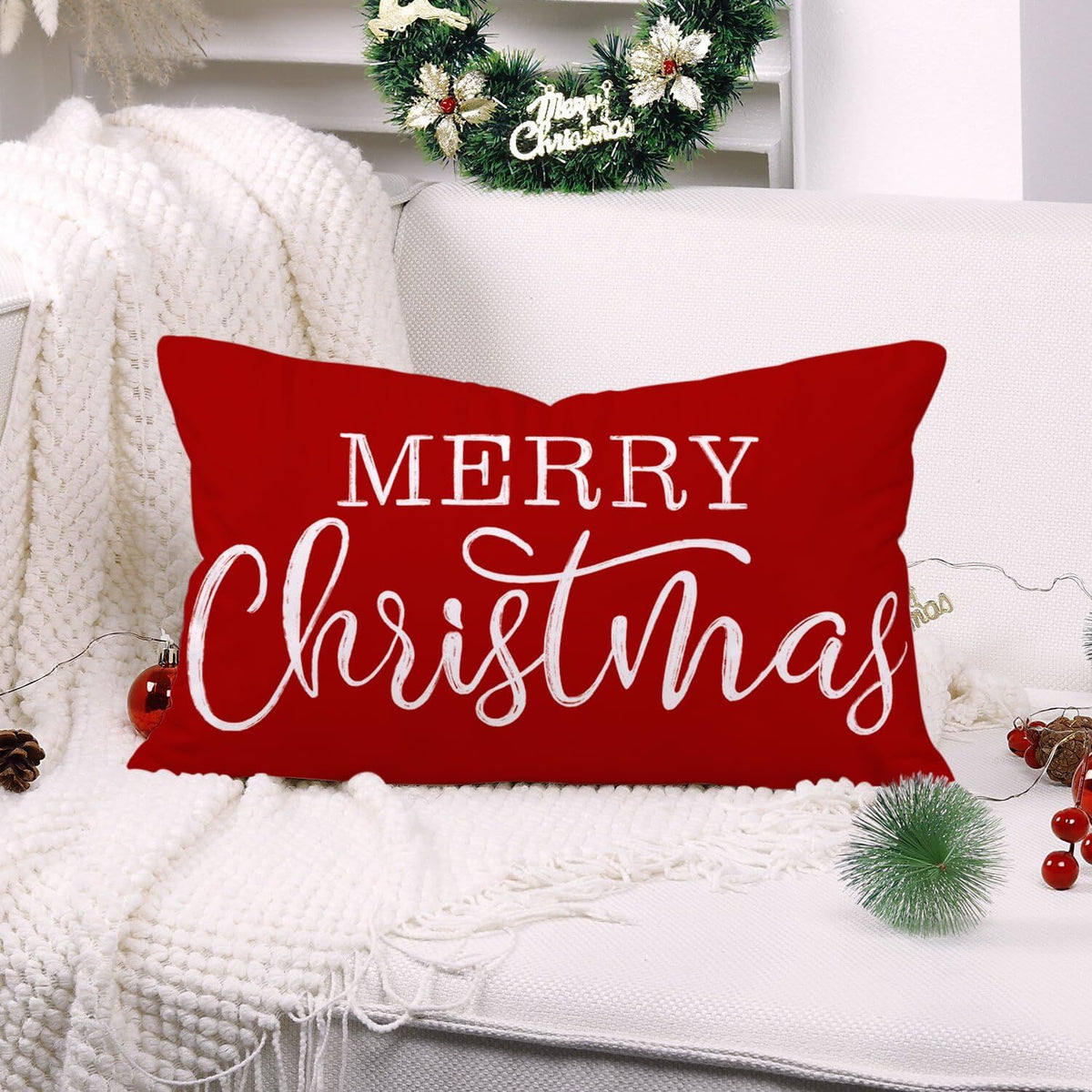 Red Christmas Lumbar Pillow Cover 12x20 Inches for Xmas Decorations Merry Christmas Throw Pillow Covers Winter Holiday Cushion Case Decoration for Sofa Couch