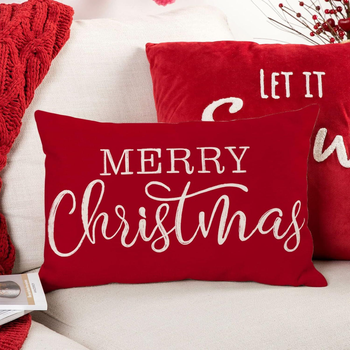 Red Christmas Lumbar Pillow Cover 12x20 Inches for Xmas Decorations Merry Christmas Throw Pillow Covers Winter Holiday Cushion Case Decoration for Sofa Couch