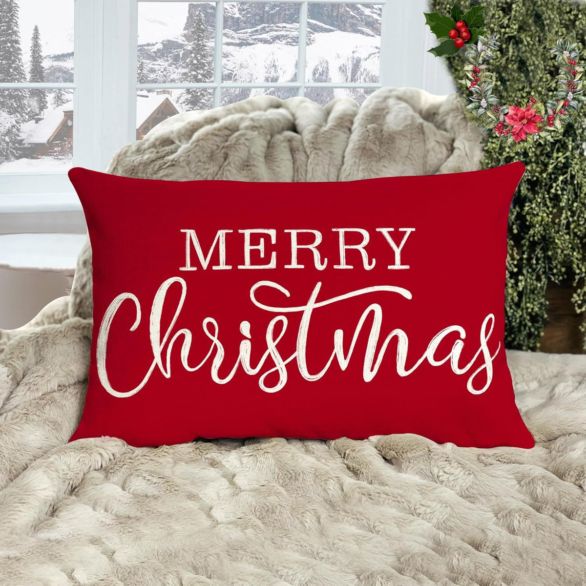 Red Christmas Lumbar Pillow Cover 12x20 Inches for Xmas Decorations Merry Christmas Throw Pillow Covers Winter Holiday Cushion Case Decoration for Sofa Couch