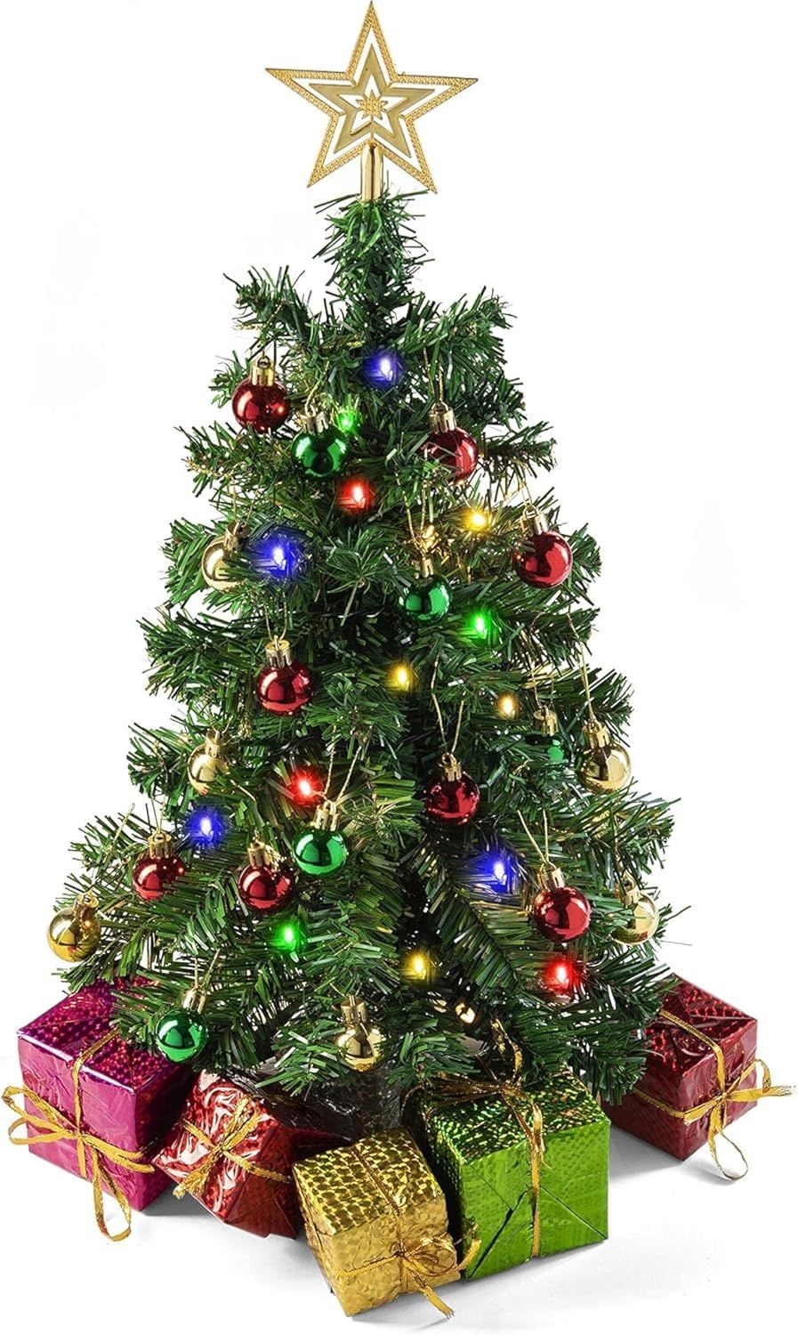 23-Inch DIY Mini Christmas Tree with Lights - Small Christmas Decorations Table Top Xmas Tree with Multicolor LED String Lights, Star Topper, Hanging Ornaments and Gift Boxes for Holiday Decor
