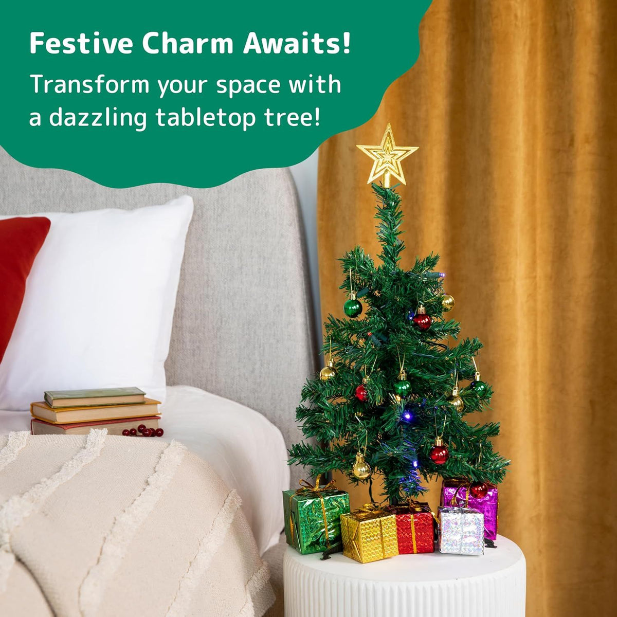 23-Inch DIY Mini Christmas Tree with Lights - Small Christmas Decorations Table Top Xmas Tree with Multicolor LED String Lights, Star Topper, Hanging Ornaments and Gift Boxes for Holiday Decor