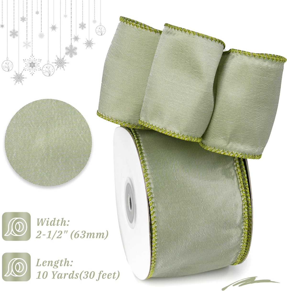 Sage Green Christmas Ribbon Wired 2.5" x 10 Yard Dusty Green Wired Ribbon Green Wired Ribbon for Christmas Tree Decorations, Topper Bows, Wreaths, Crafts, Home Decor, Gift Wrapping