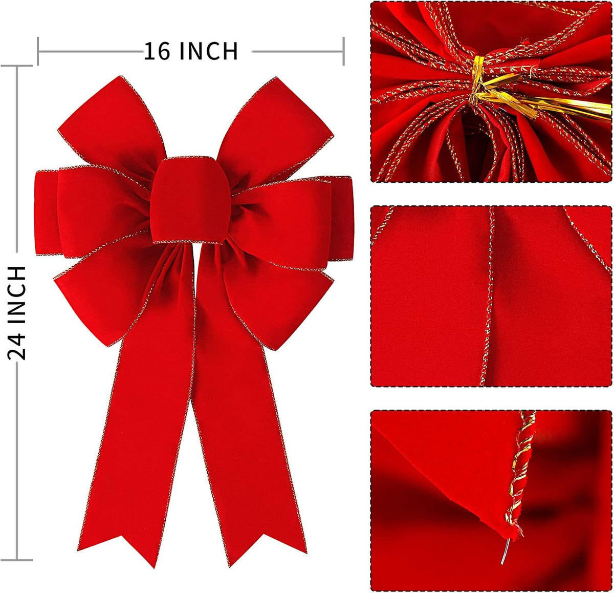 2 Packs Red Christmas Bows Decorations Big Velvet Bow with Wired Gold Border for Tree Topper, Wreaths, Outdoor, Garland, Outside (16 * 24 inch)