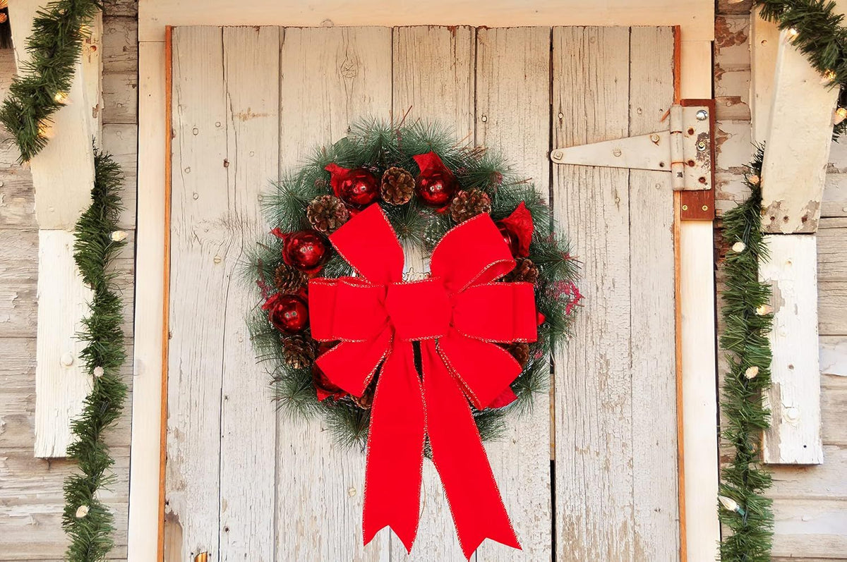 2 Packs Red Christmas Bows Decorations Big Velvet Bow with Wired Gold Border for Tree Topper, Wreaths, Outdoor, Garland, Outside (16 * 24 inch)
