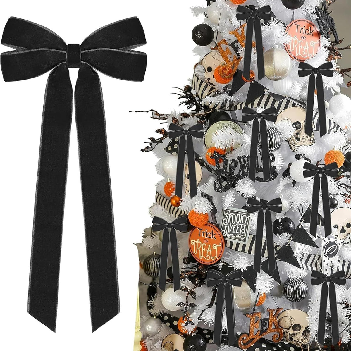 Black Velvet Ribbon Bows Christmas Tree Decorations 12Pcs, 5in * 8.6in Xmas Ornaments for Tree Home Party Front Door Wreath Holiday Decor