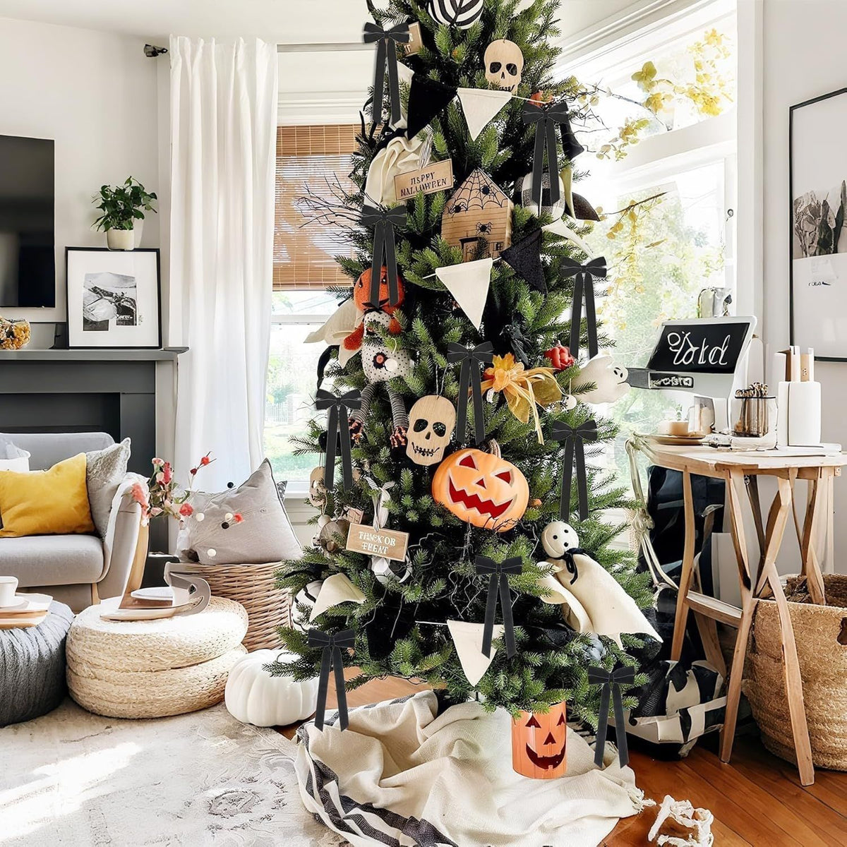 Black Velvet Ribbon Bows Christmas Tree Decorations 12Pcs, 5in * 8.6in Xmas Ornaments for Tree Home Party Front Door Wreath Holiday Decor