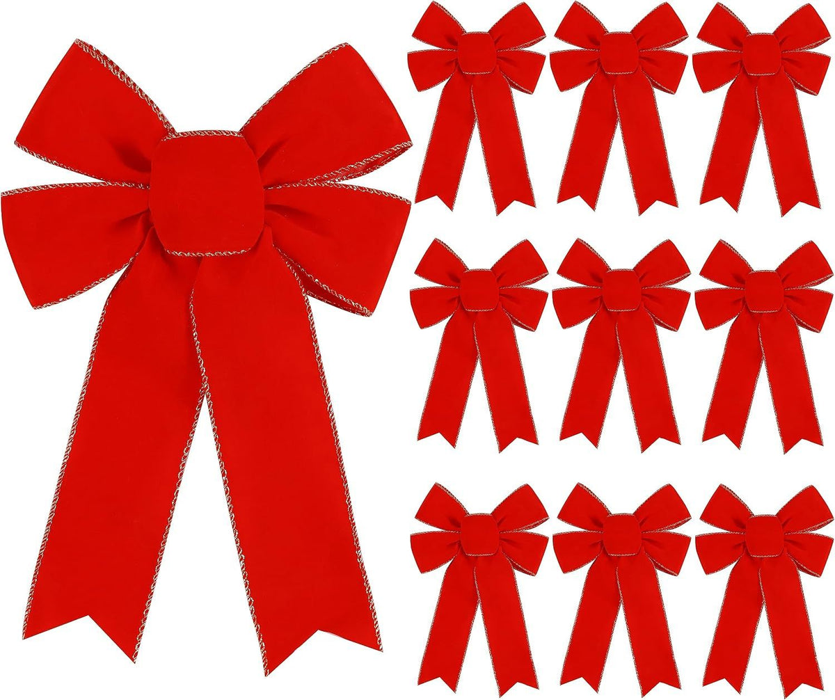 10 Pack Red Bows Christmas Tree Decorations,9”x13”Large Velvet Ornament Bow with Glitter Gold Edge for Xmas Home Wreath Fence Stairs Railing Fireplace Indoor Outdoor Front Door Decor