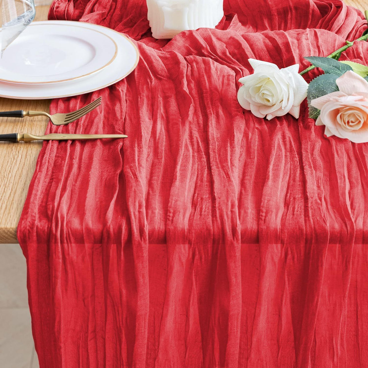 Cheesecloth Table Runner Christmas 10FT Red Boho Gauze Fall Cheese Cloth Table Runner for Party Long Rustic Sheer Table Runners for Baby Bridal Shower Wedding Easter Table