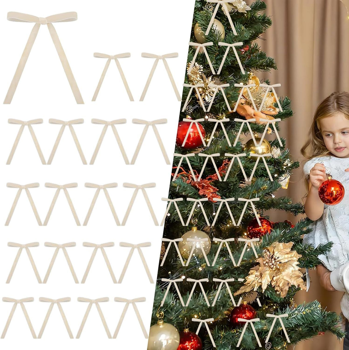 24 Pcs Champagne Velvet Ribbon Bows for Christmas Tree, Pre-Tied Ribbon Bows for Wreaths, Gifts, Garland, Holiday Decorations & Home Decor Wedding Outdoor Indoor, Rustic Craft