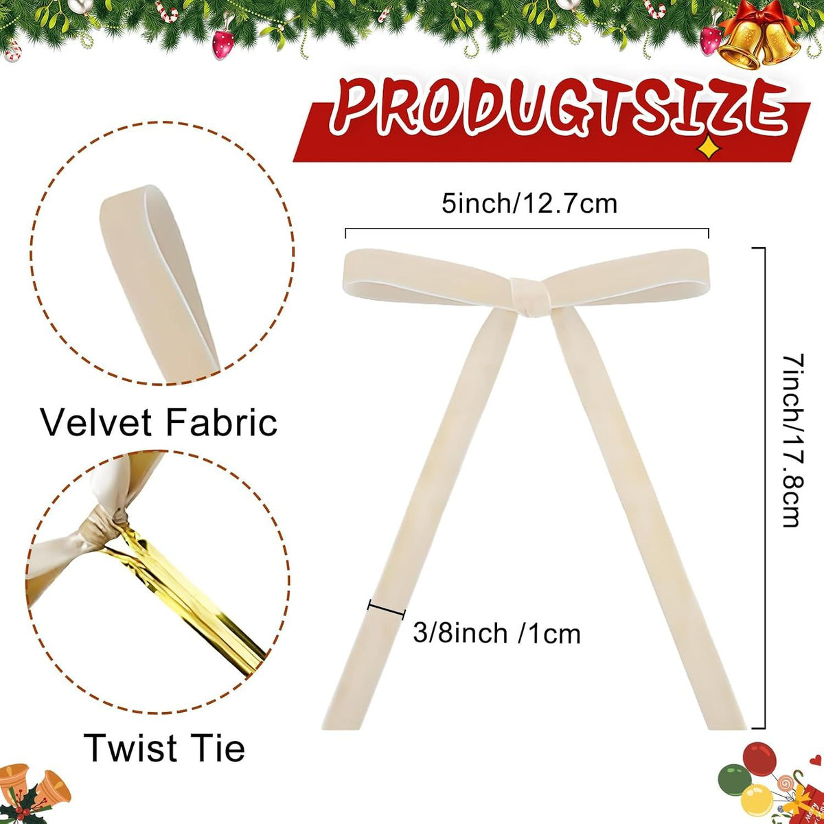 24 Pcs Champagne Velvet Ribbon Bows for Christmas Tree, Pre-Tied Ribbon Bows for Wreaths, Gifts, Garland, Holiday Decorations & Home Decor Wedding Outdoor Indoor, Rustic Craft
