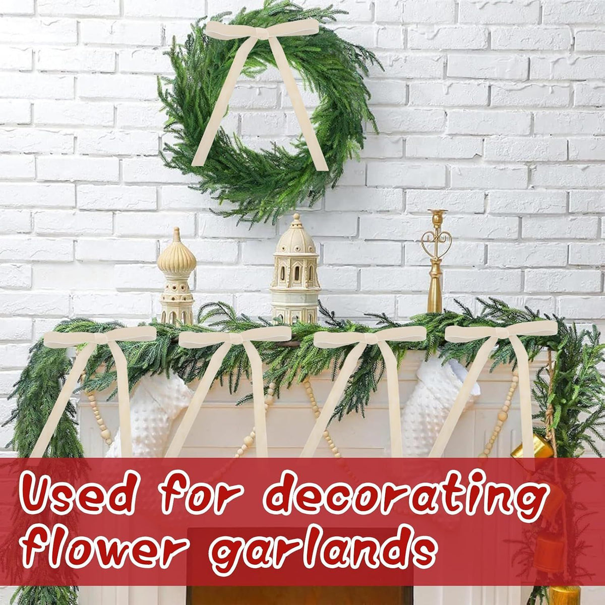 24 Pcs Champagne Velvet Ribbon Bows for Christmas Tree, Pre-Tied Ribbon Bows for Wreaths, Gifts, Garland, Holiday Decorations & Home Decor Wedding Outdoor Indoor, Rustic Craft