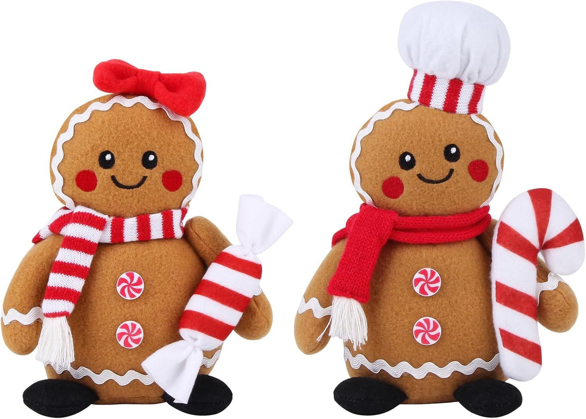 Christmas Gingerbread Man Plush Toys Set of 2, Festive Gingerbread Couple Stuffed Animals with Candy Props, Xmas Decorations & Gifts, Christmas Holiday Home Decor
