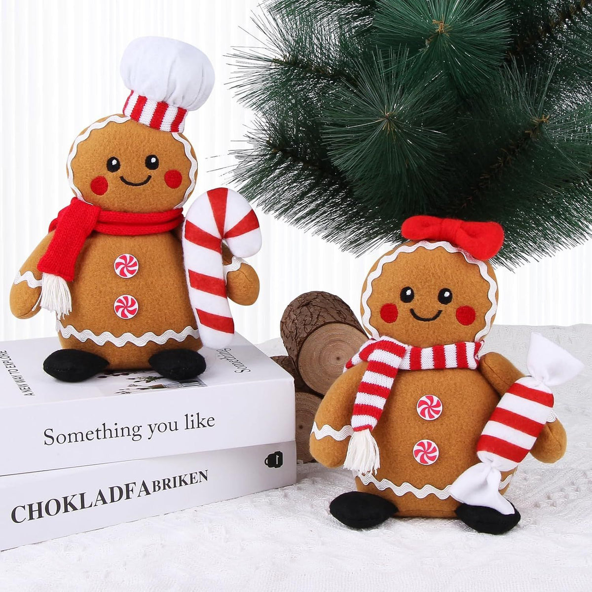 Christmas Gingerbread Man Plush Toys Set of 2, Festive Gingerbread Couple Stuffed Animals with Candy Props, Xmas Decorations & Gifts, Christmas Holiday Home Decor
