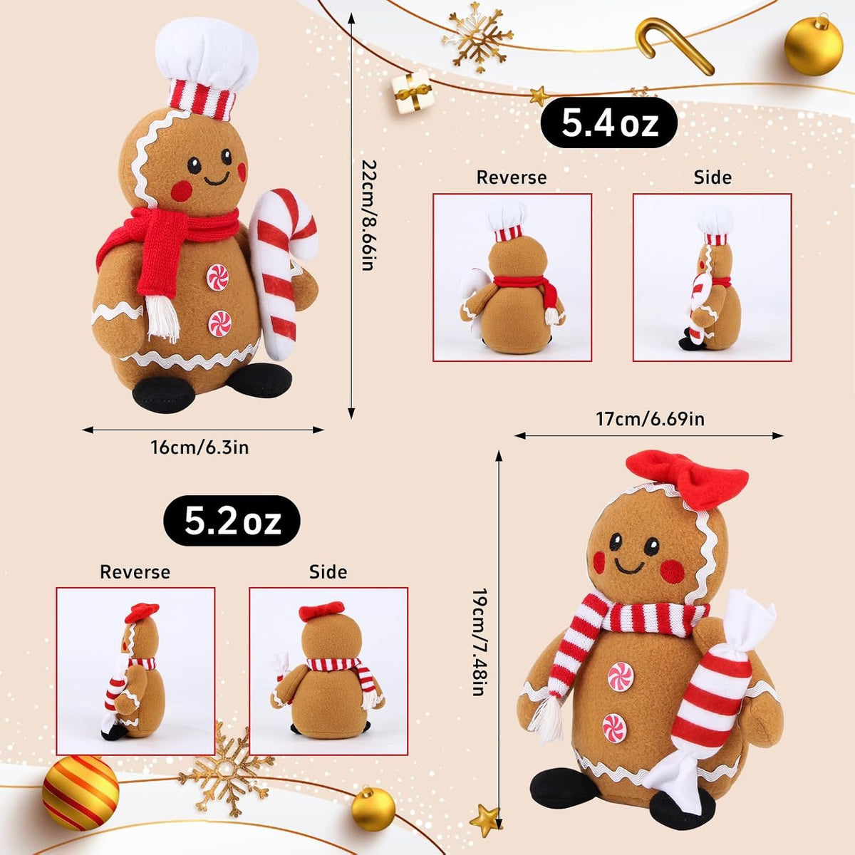 Christmas Gingerbread Man Plush Toys Set of 2, Festive Gingerbread Couple Stuffed Animals with Candy Props, Xmas Decorations & Gifts, Christmas Holiday Home Decor