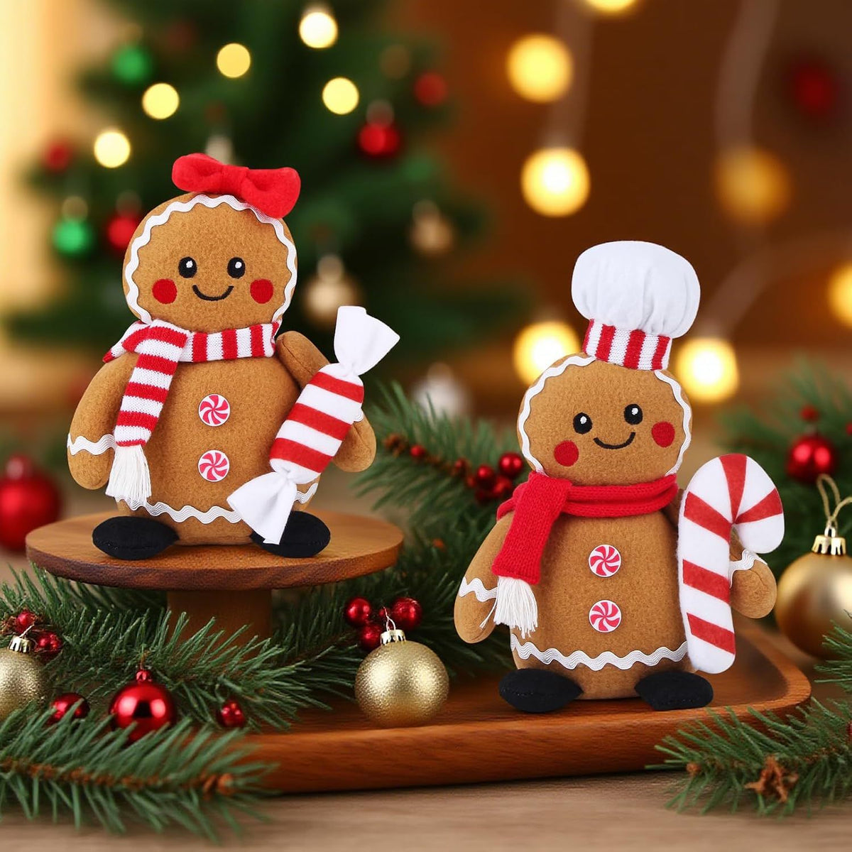 Christmas Gingerbread Man Plush Toys Set of 2, Festive Gingerbread Couple Stuffed Animals with Candy Props, Xmas Decorations & Gifts, Christmas Holiday Home Decor