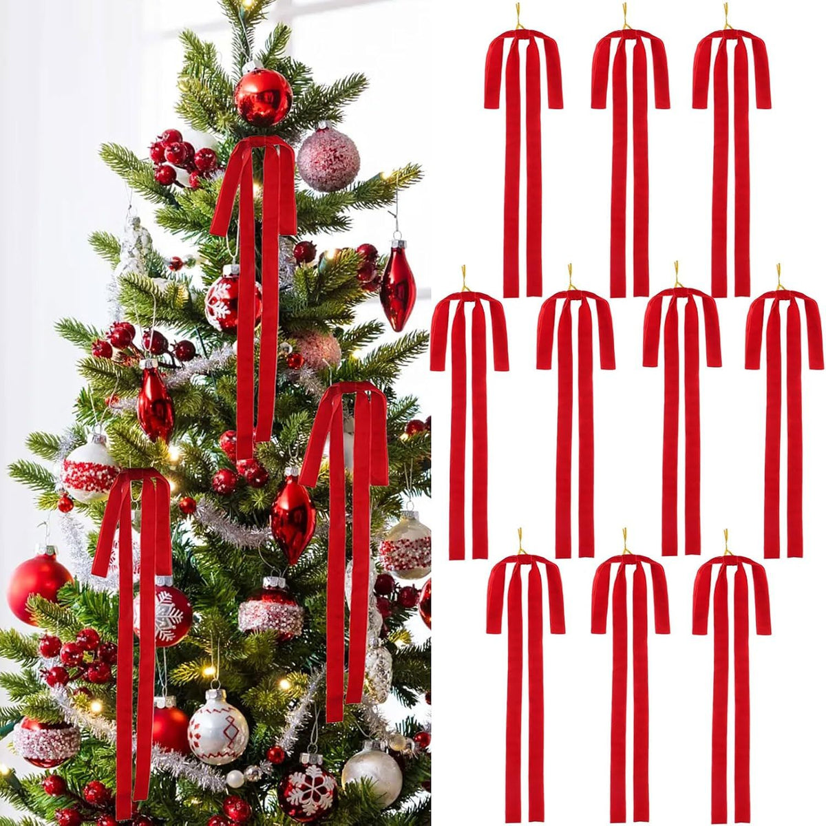 10PK Red Christmas Bows Long Velvet Bow Ornaments for Vintage Christmas Tree Decorations, Large Ribbon Bow for Swag Staircase Wreath Garland Fireplace, Great Holiday Decor, 23.5x15.7 Inch