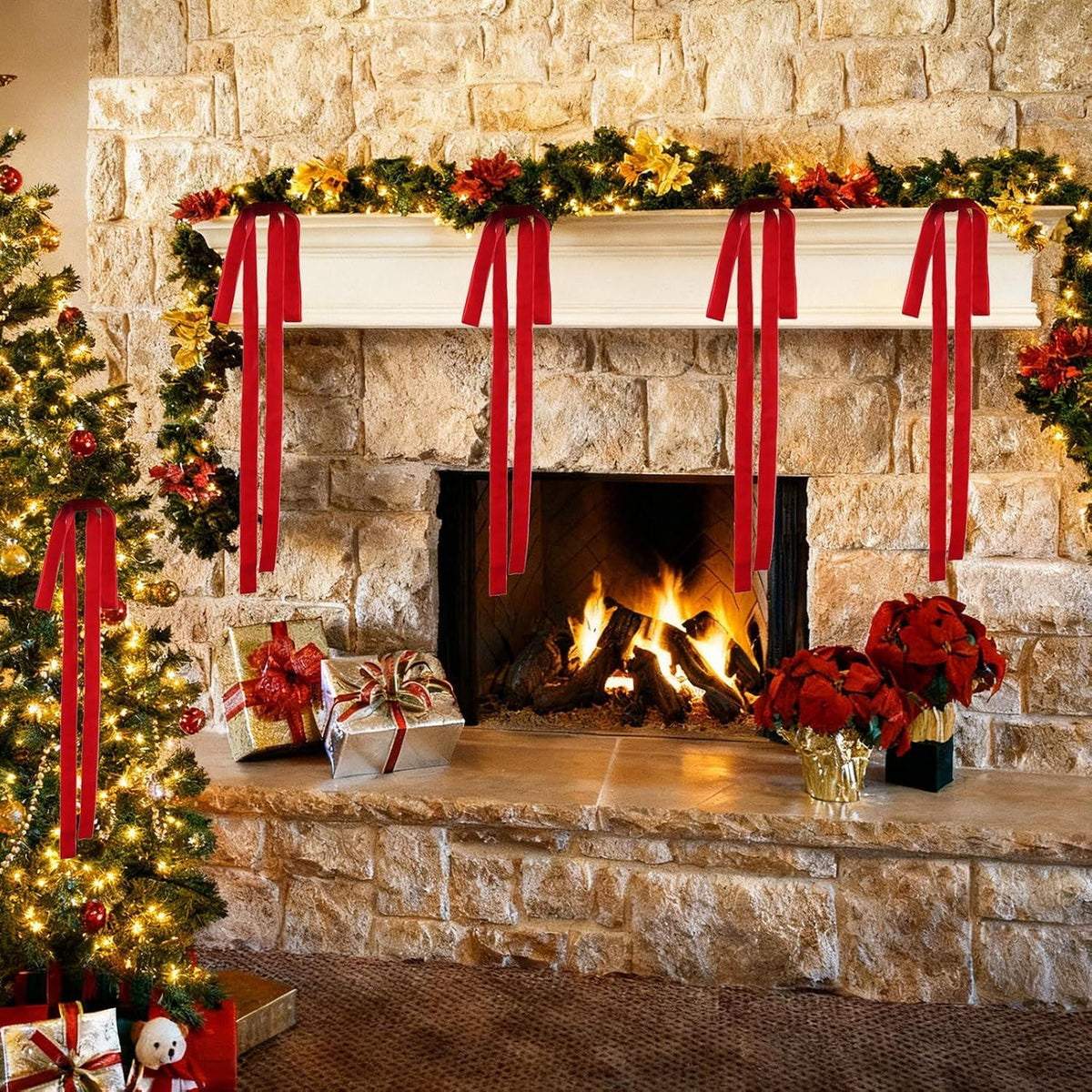 10PK Red Christmas Bows Long Velvet Bow Ornaments for Vintage Christmas Tree Decorations, Large Ribbon Bow for Swag Staircase Wreath Garland Fireplace, Great Holiday Decor, 23.5x15.7 Inch