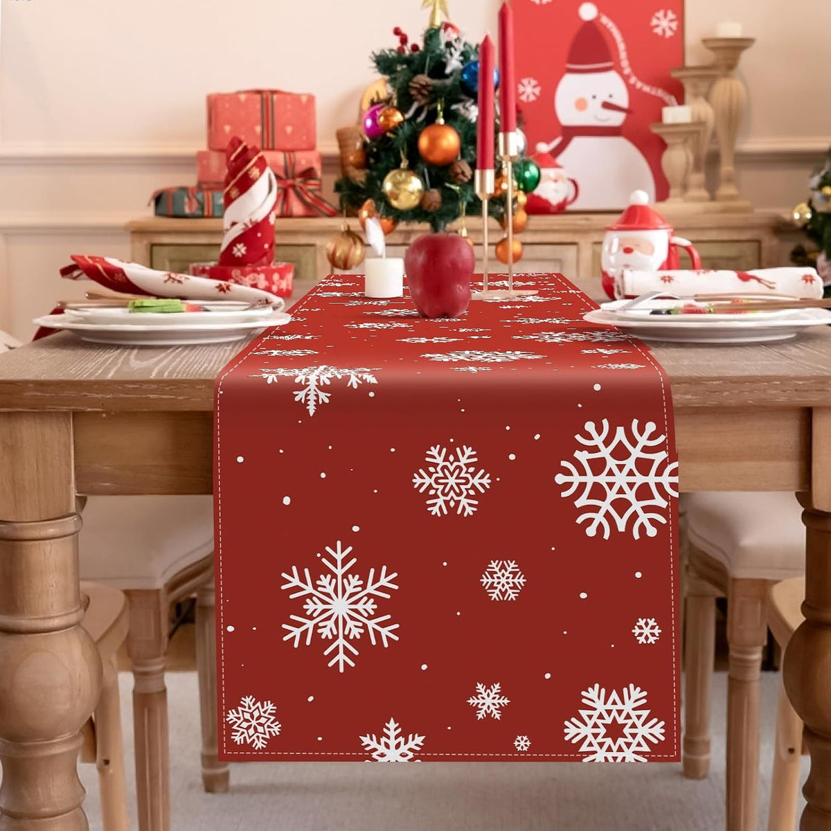 Christmas Table Runner Red 13.4 x 74 Inch Rustic Holiday Farmhouse Snowflakes Winter Table Cloth for Indoor Outdoor Xmas Party Dining Table Decorations