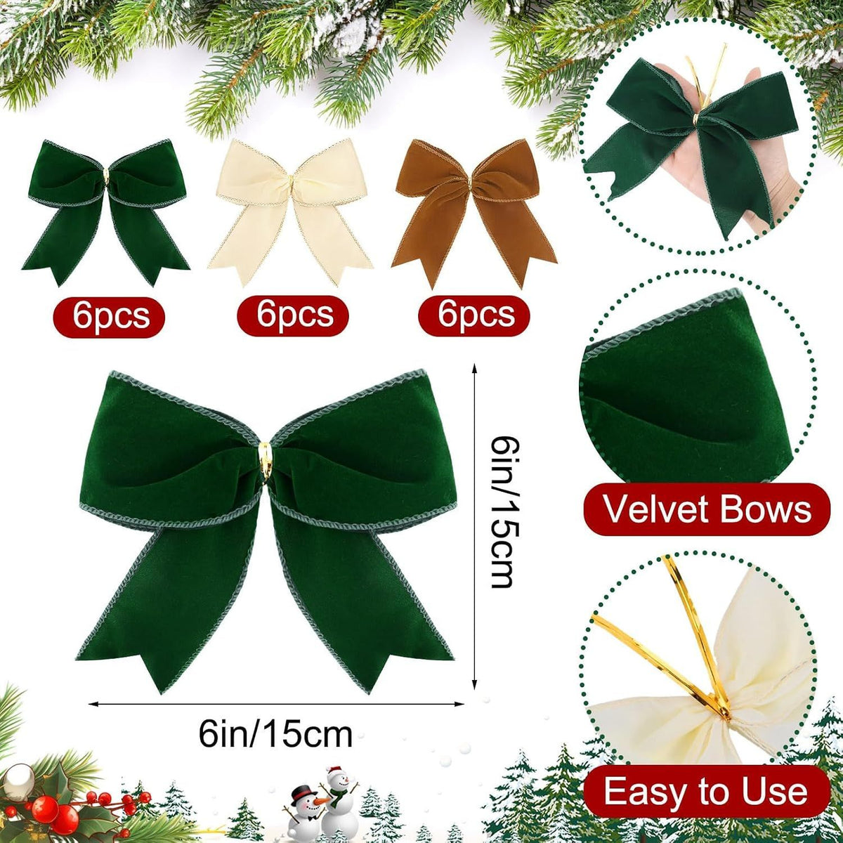 18 Pcs Christmas Velvet Bows 6 Inch Rustic Holiday Wreath Bows Vintage Xmas Ribbon Bows for Christmas Tree Wreath DIY Home Decorations