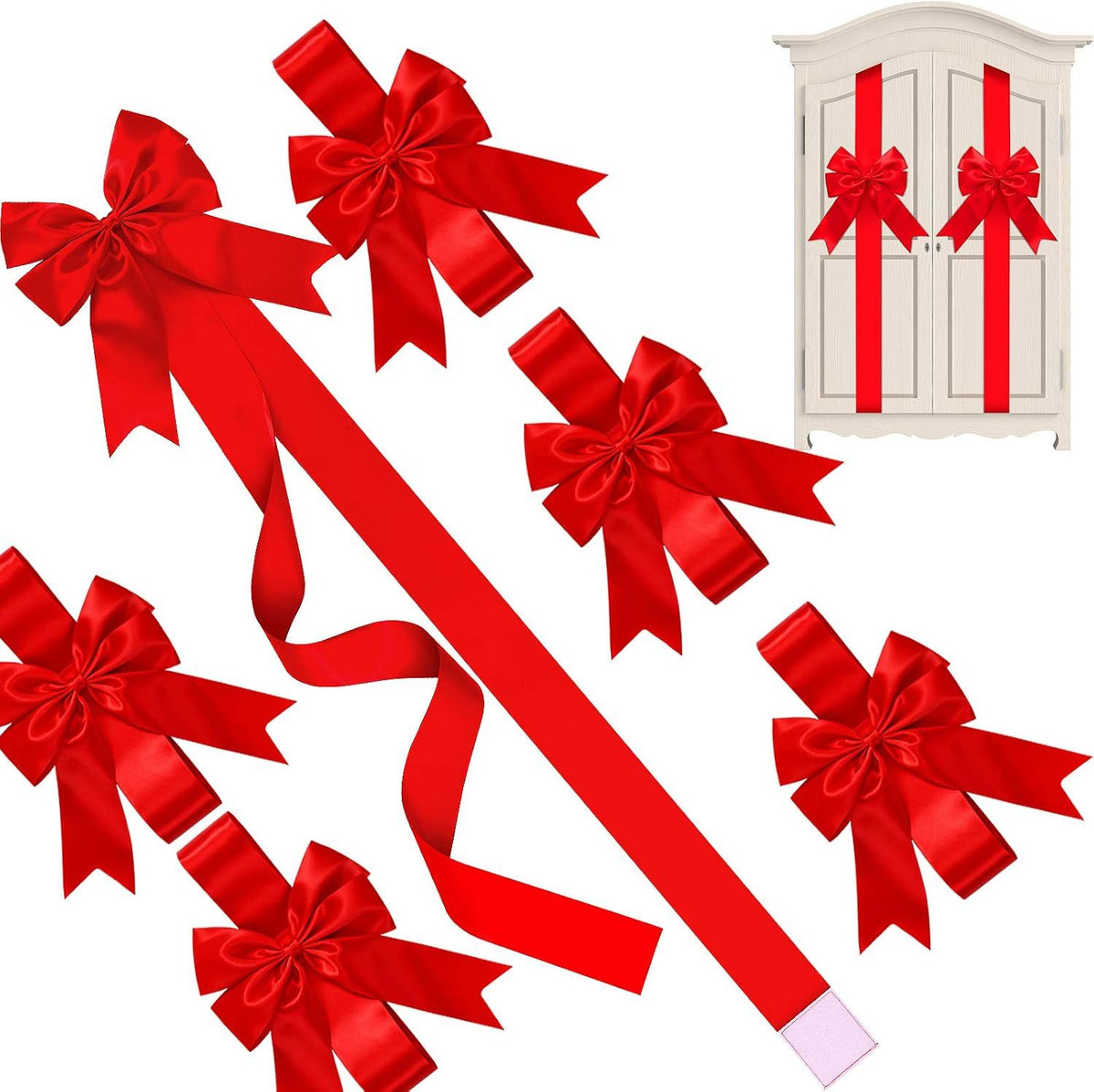 8 Pcs Christmas Cabinet Ribbons Bows for Kitchen 78.8 Inch Red Large Christmas Door Ribbon Cabinet Bows for Gifts Xmas Tree Home Wall Furniture Party Decorations