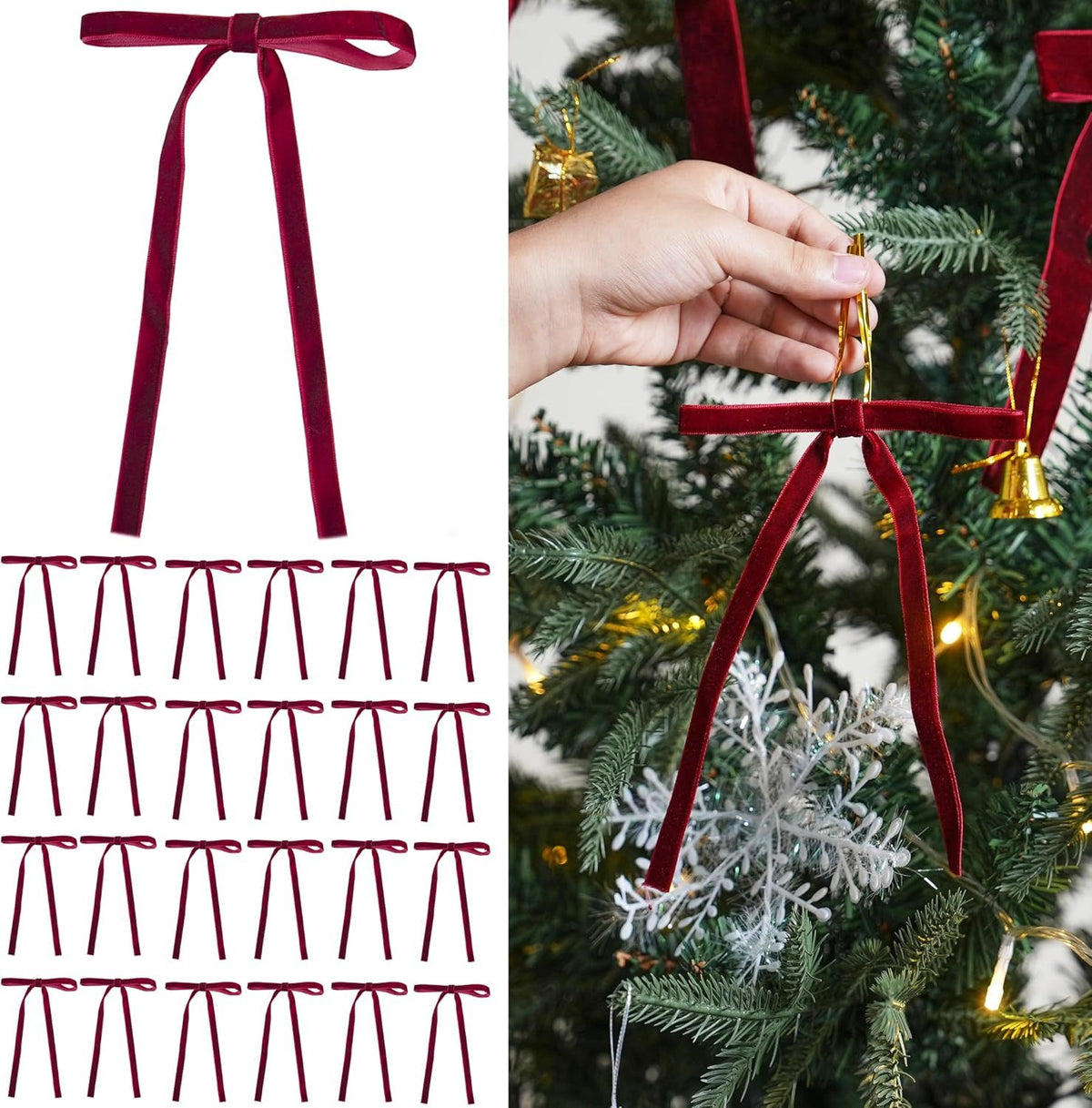 24 Pcs Burgundy Velvet Ribbon Bows Christmas Tree Ornaments Vintage Wine Red Velvet Bows for Tree Garland Wreath Indoor Xmas Decorations (1'' Wide, 5 * 7 inch)