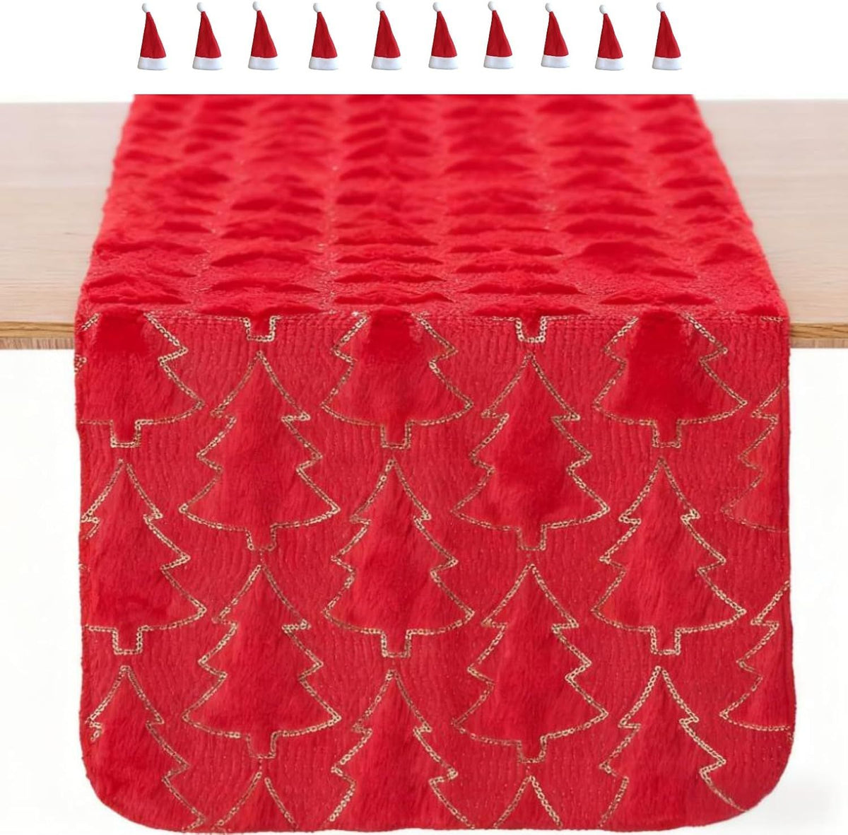 Christmas Table Runner with 10 Mini Christmas Hats, 13x72 in Soft Faux Fur with Sequined Xmas Trees Holiday Winter Home Party and Indoor Festive Decor for Fireplace Kitchen Dining Table(Red)
