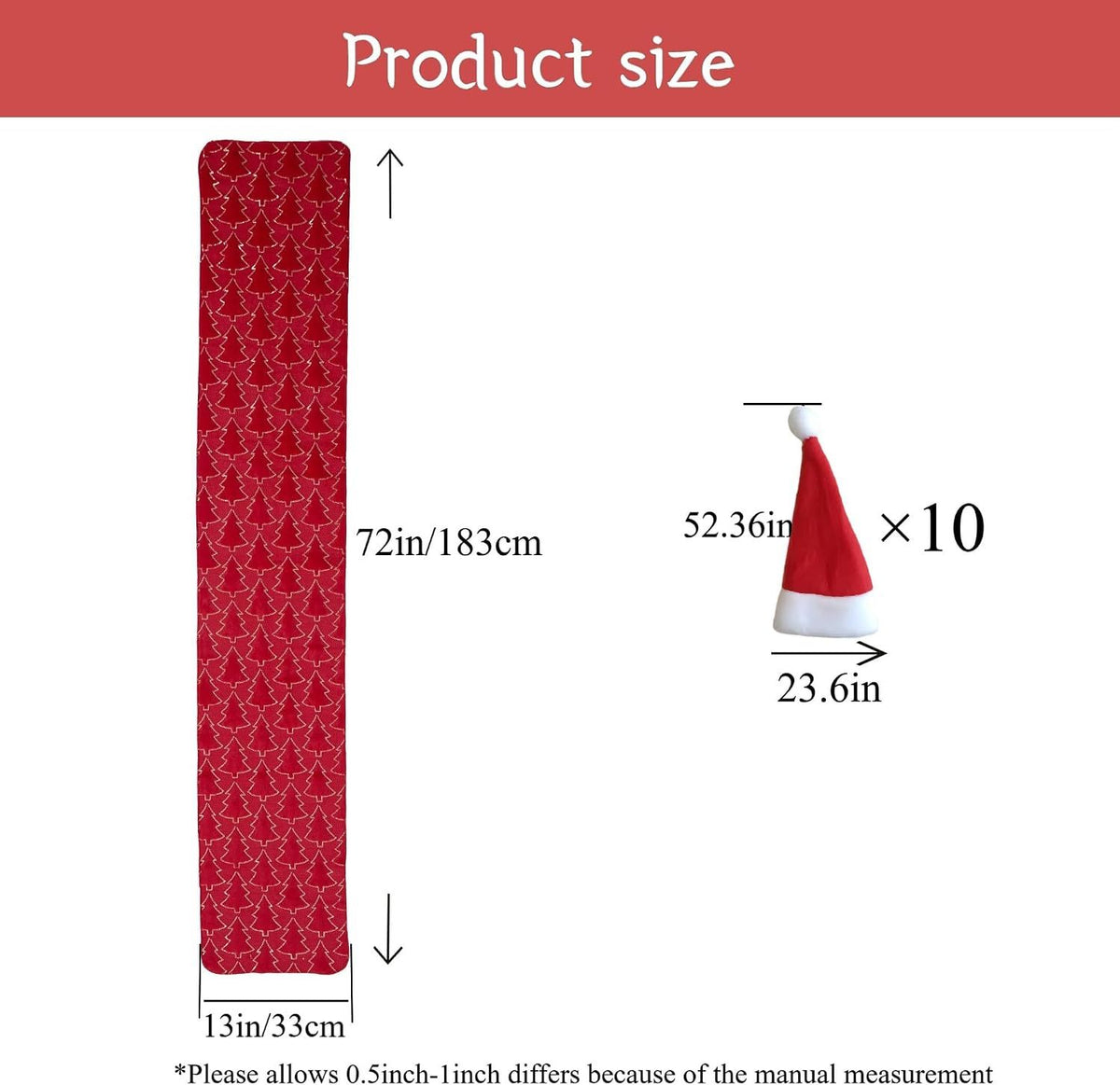 Christmas Table Runner with 10 Mini Christmas Hats, 13x72 in Soft Faux Fur with Sequined Xmas Trees Holiday Winter Home Party and Indoor Festive Decor for Fireplace Kitchen Dining Table(Red)