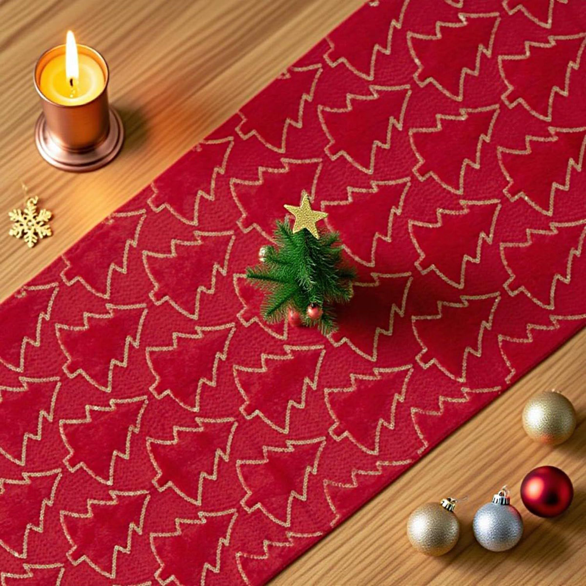 Christmas Table Runner with 10 Mini Christmas Hats, 13x72 in Soft Faux Fur with Sequined Xmas Trees Holiday Winter Home Party and Indoor Festive Decor for Fireplace Kitchen Dining Table(Red)