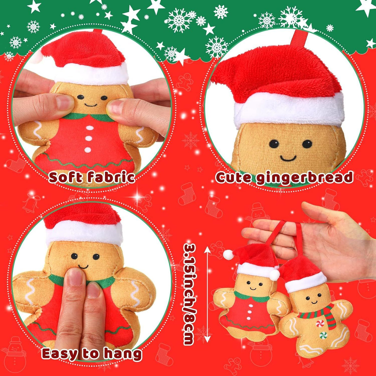 6 Pcs Mini Plush Christmas Gingerbread Man Ornaments for Christmas Tree Decoration Assorted 3.15" Gingerbread Figurines Ornaments Xmas Stocking Stuffers Gifts
